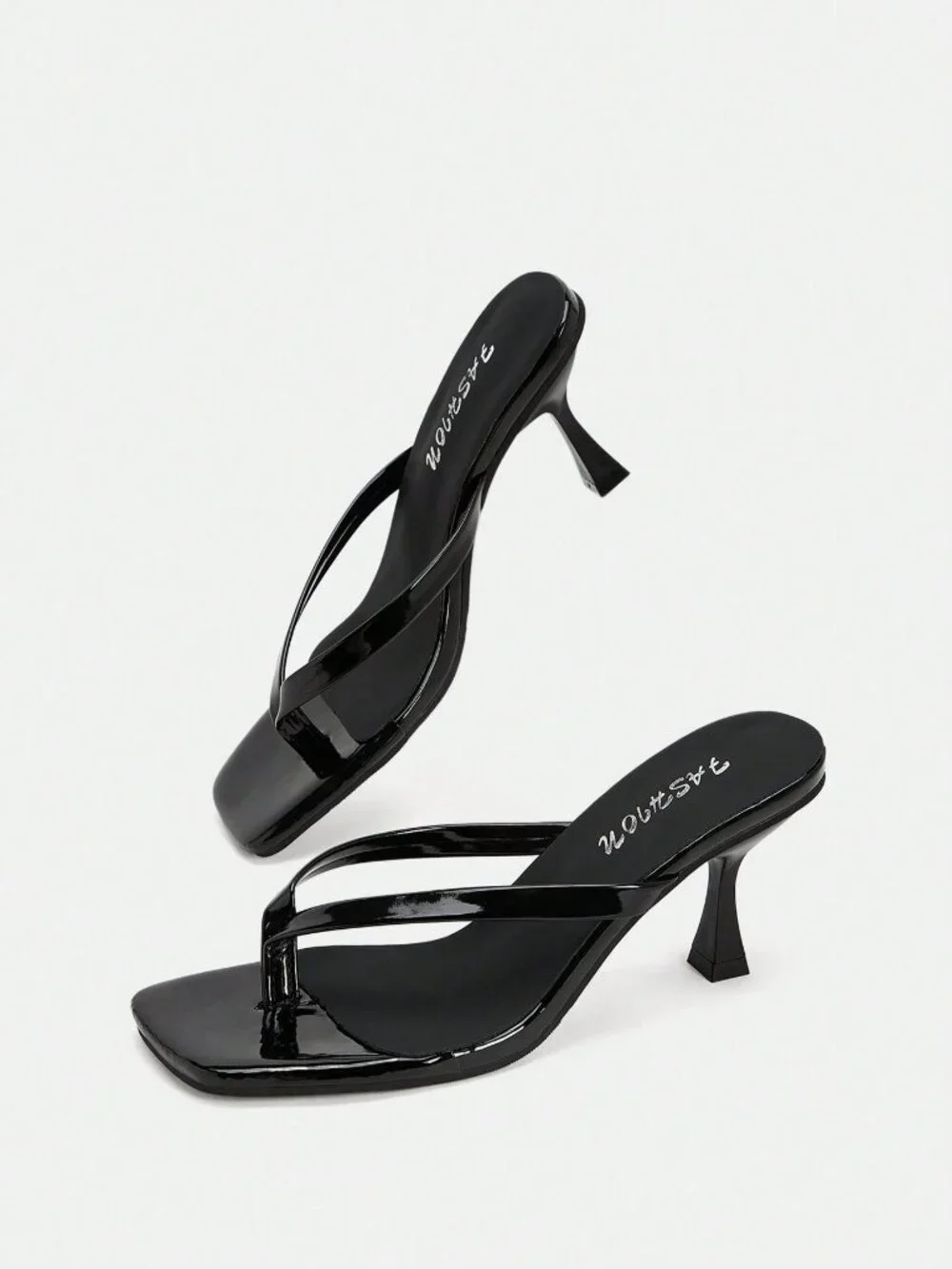 Black Elegant Women's High Heel Flip Flops, Criss-Cross Strap, Square Toe